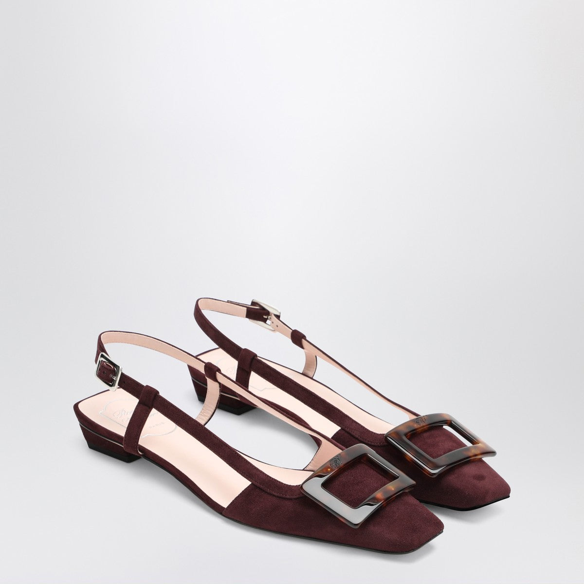 ROGER VIVIER Belle Vivier bordeaux suede slingback flats