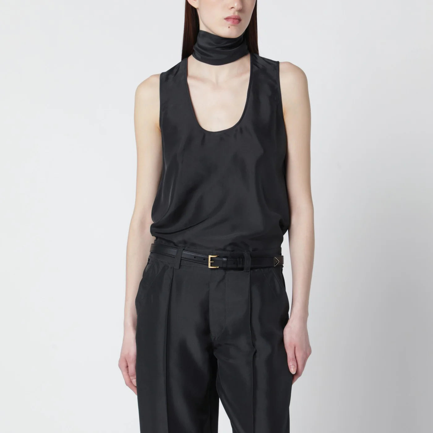 Durazzi Milano Dark grey silk tank top with scarf