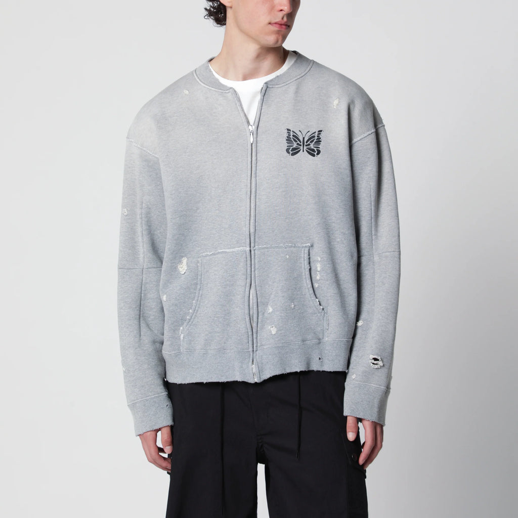 Needles Grey cotton "Deconstructed" zip-up sweatshirt