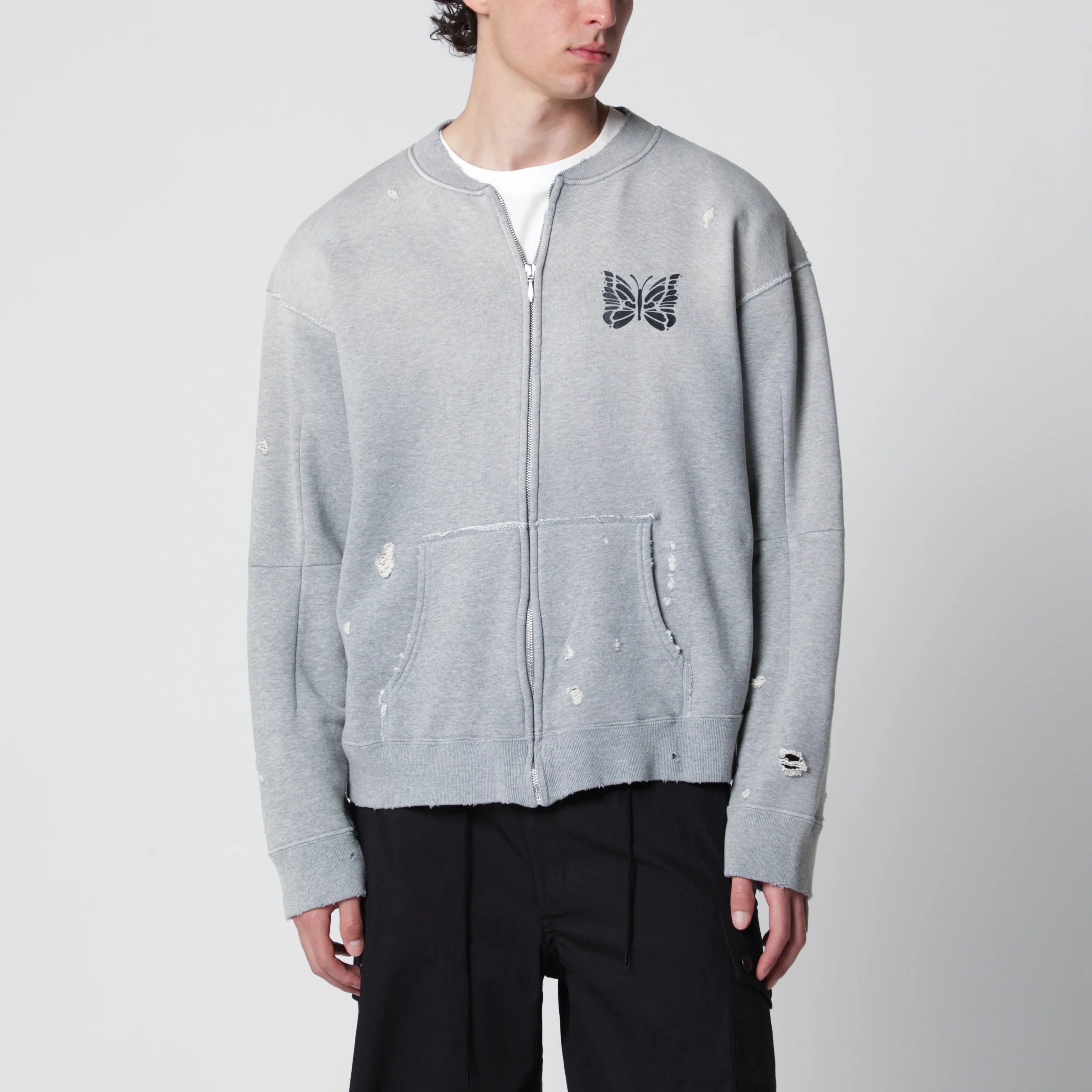 Needles Grey cotton "Deconstructed" zip-up sweatshirt