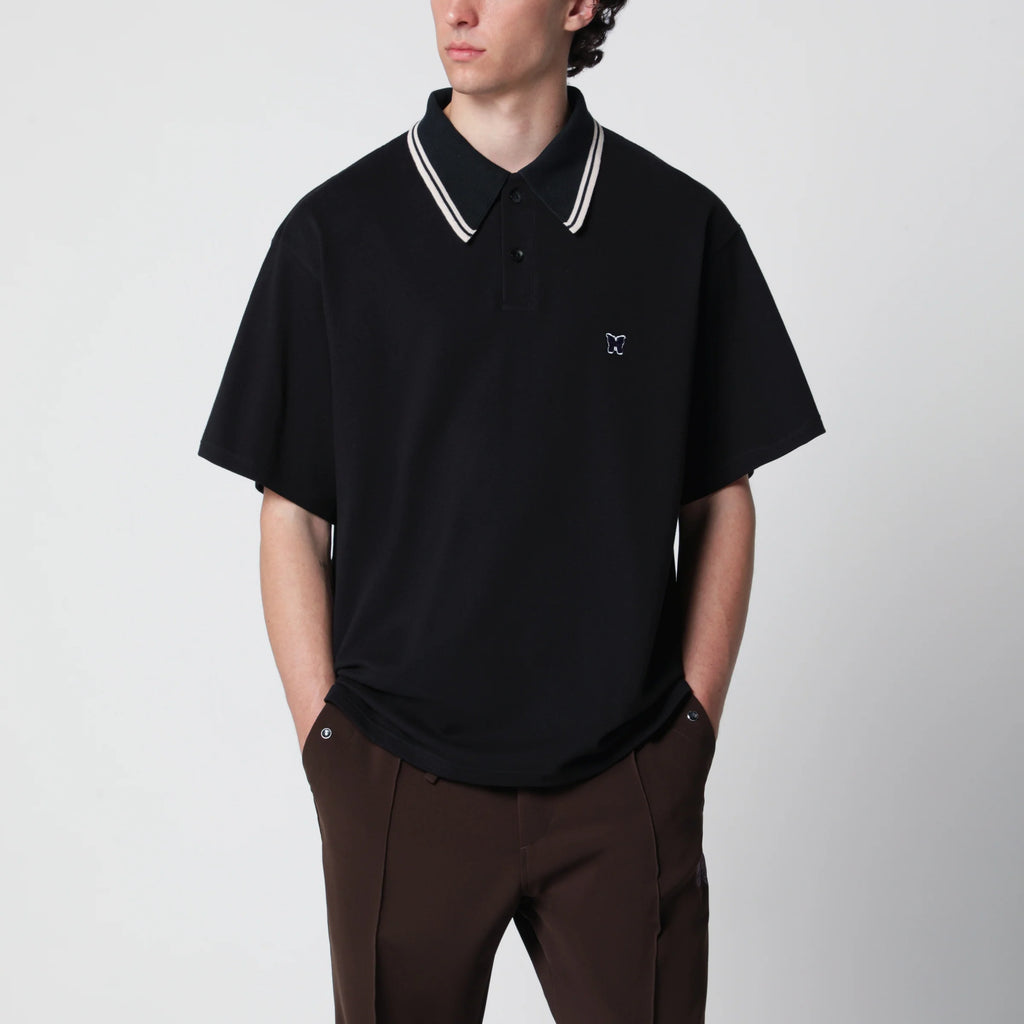 Needles Black piqué polo shirt with embroidered butterfly