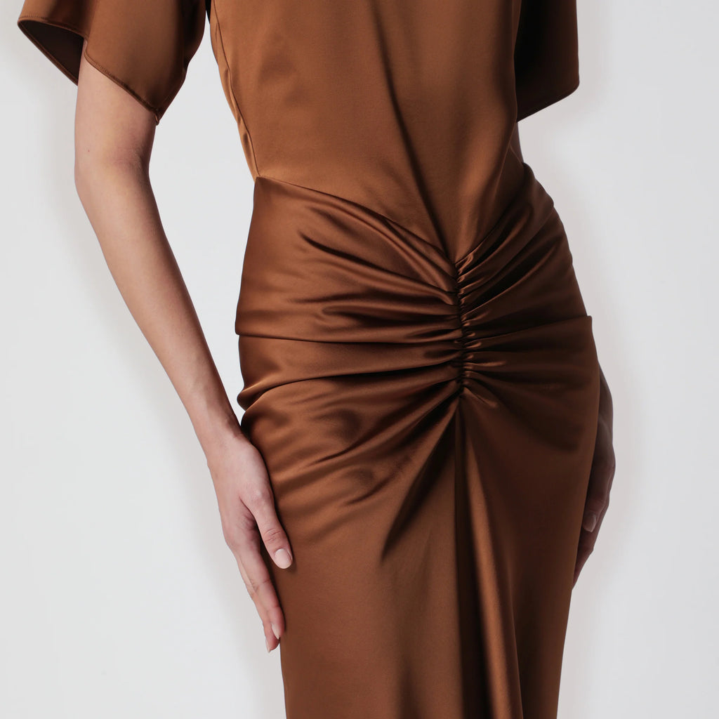 THE ANDAMANE Long Iris dress in bronze with gathered waist