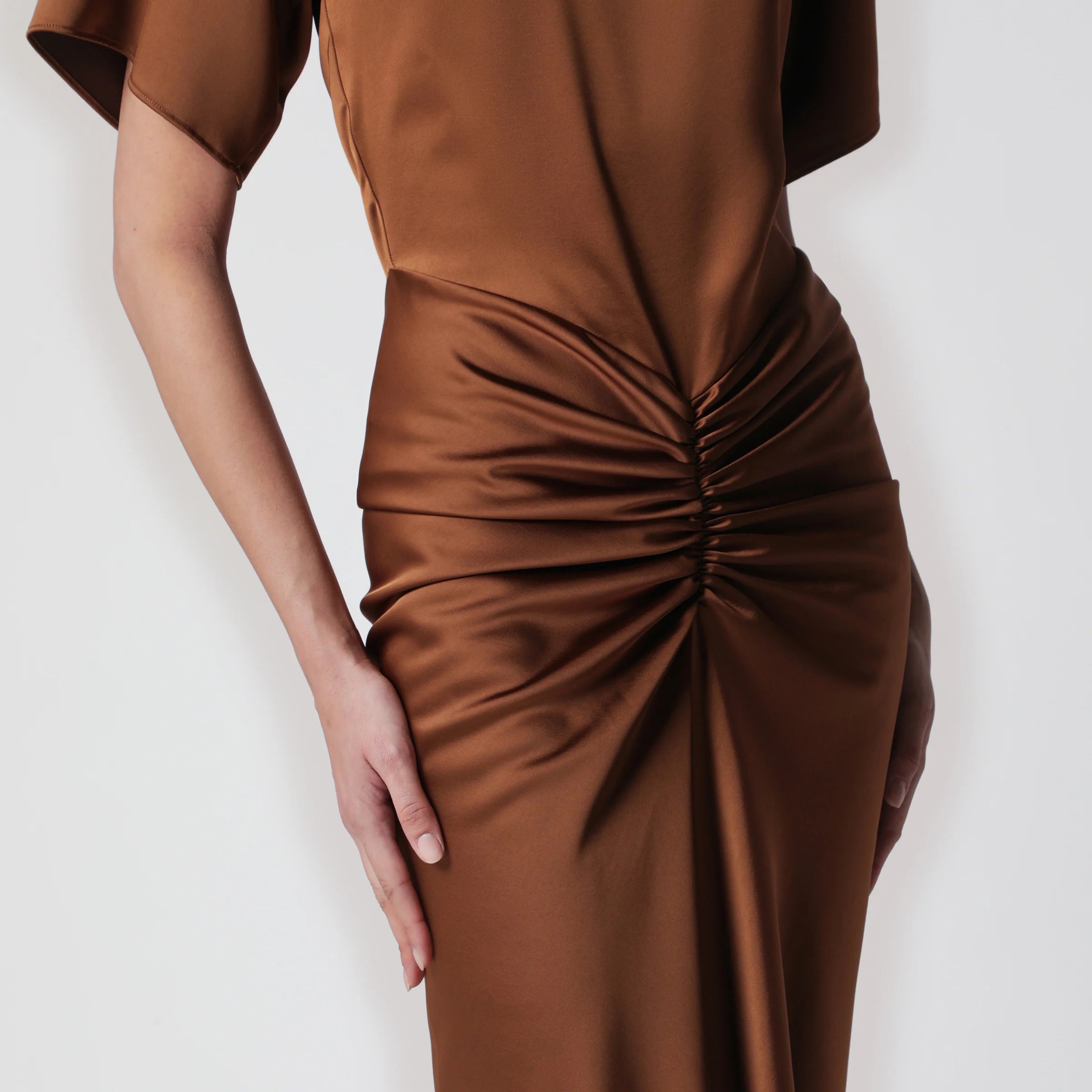 THE ANDAMANE Long Iris dress in bronze with gathered waist