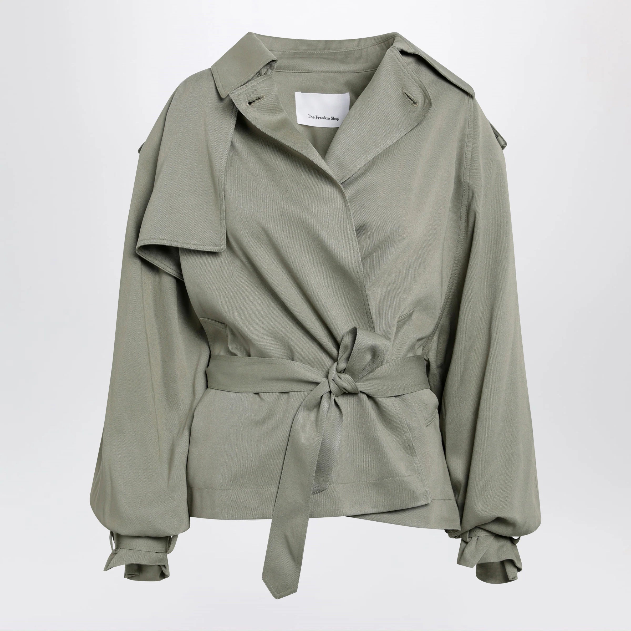 The Frankie Shop Elva short fluid trench coat in sage green viscose