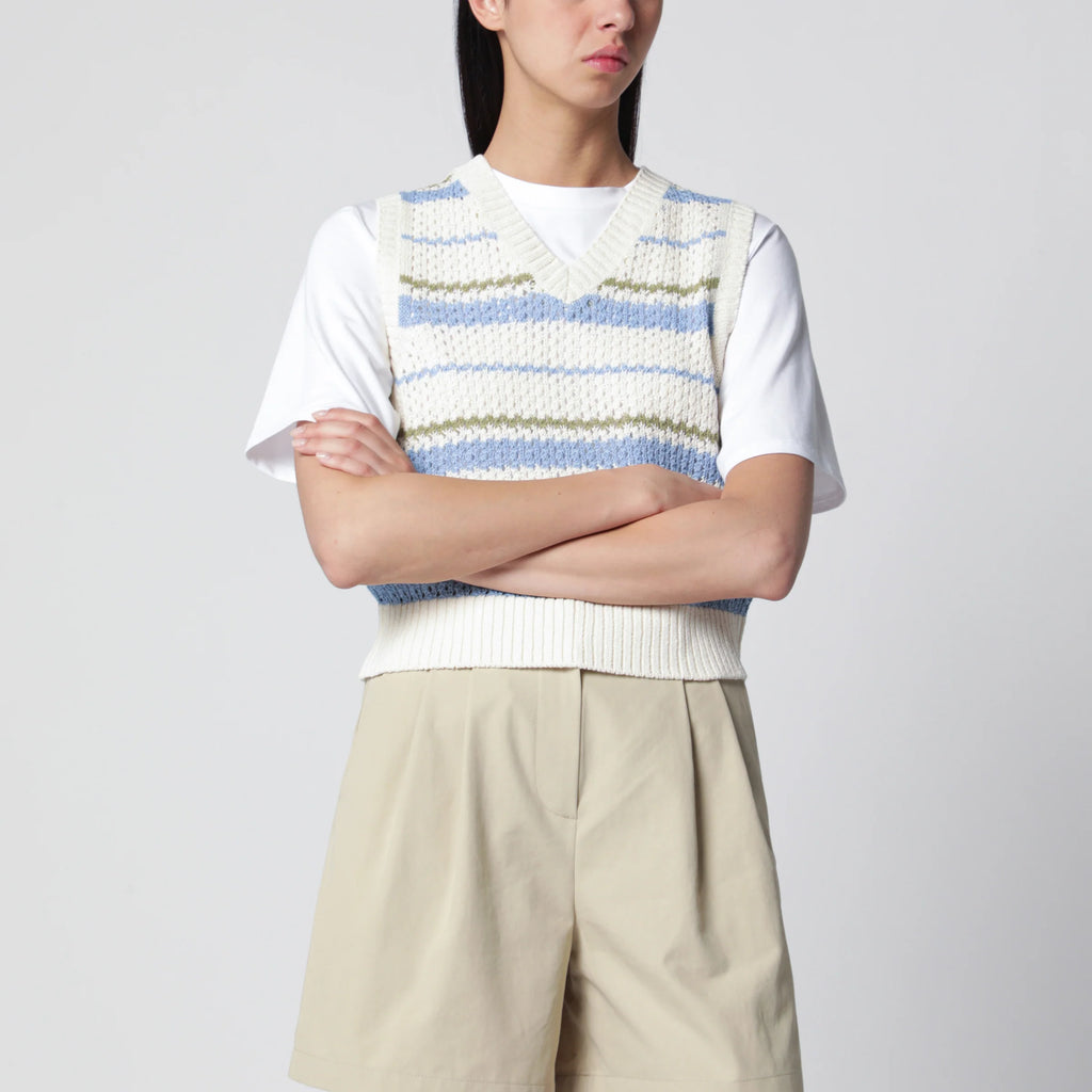 Dunst Ivory/green/light blue striped crochet-effect vest